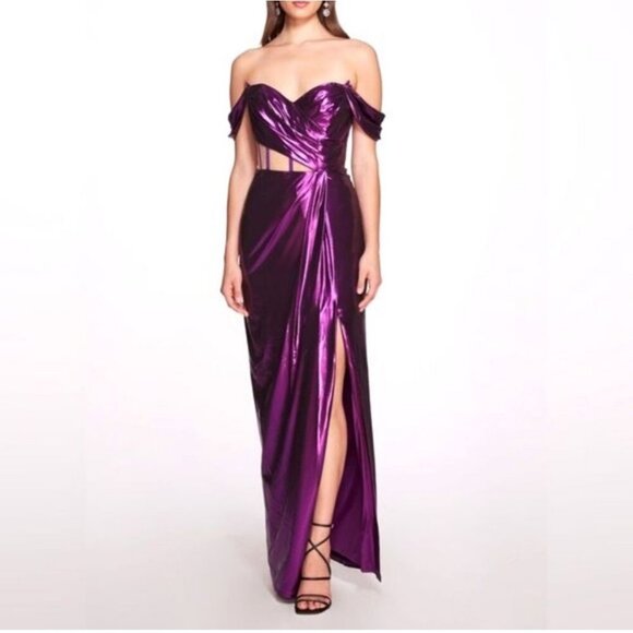 NWT Marchesa Notte Purple Metallic Cutout Off Shoulder Gown - Picture 1 of 10
